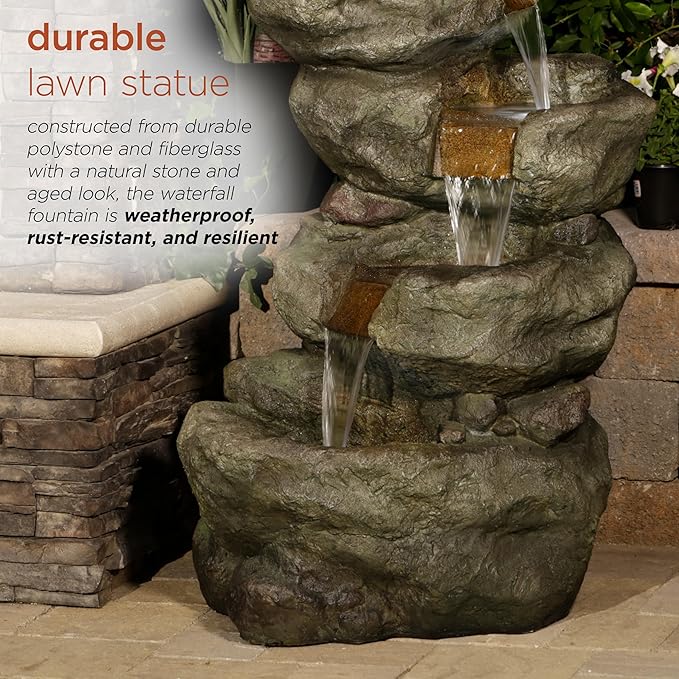 Alpine Corporation TZL106 48" Rock Waterfall Fountain with LED Lights - Outdoor Floor Water Feature for Garden, Patio, and Backyard Decoration, Gray