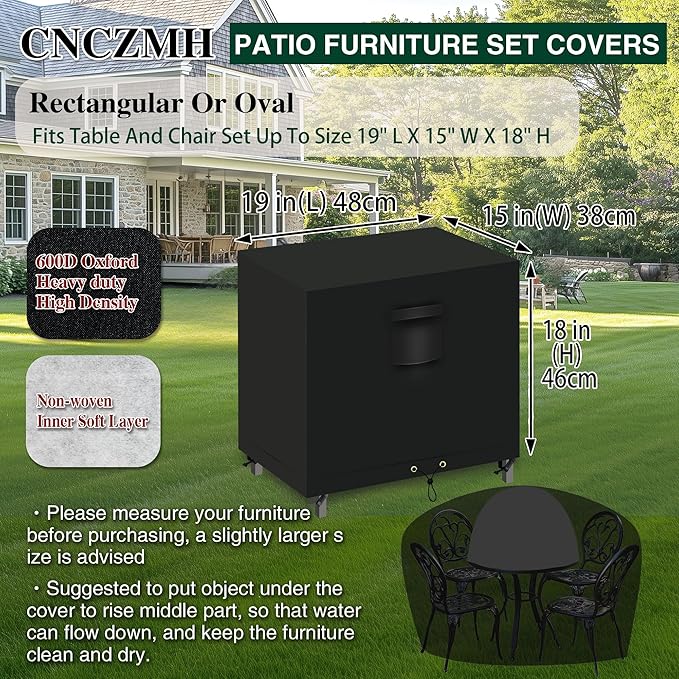 Heavy Duty Patio Furniture Covers Waterproof, 600D Outdoor Furniture Cover Waterproof for Sectional Sofa Couch, Outdoor Dining Table and Chair Set Covers 19''L x 15''W x 18''H, Black