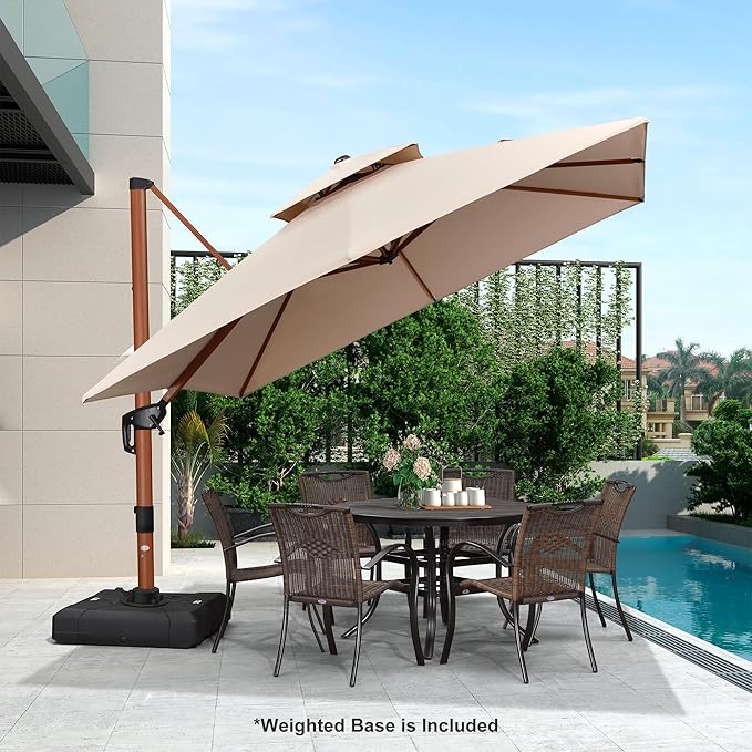PURPLE LEAF 10ft Patio Umbrella with Base Outdoor Square Umbrella Large Cantilever Umbrellas Windproof Offset Heavy Duty Sun Umbrellas for Garden Deck Pool Patio, Beige