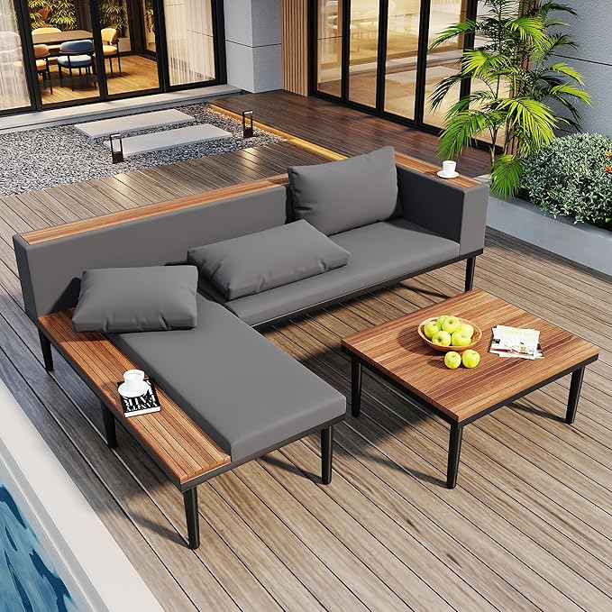 Luxury Outdoor Patio Furniture Set, L-Shaped Acacia Wood Sectional Sofa with Side Table, All-Weather Conversation Set with Removable Cushions and Coffee Table for Backyard Porch (Gray-4.20)