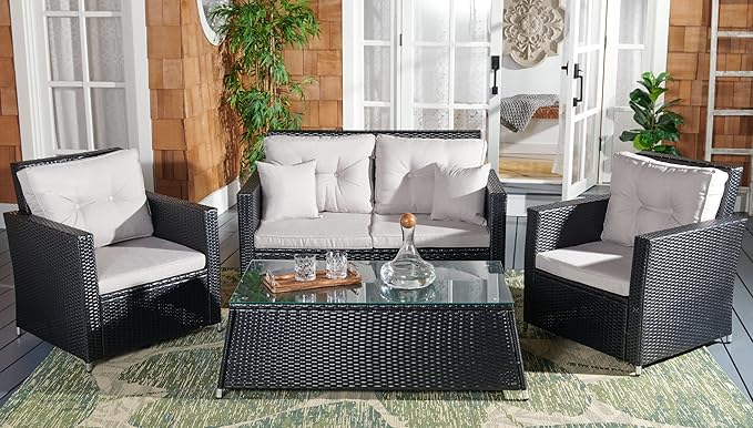 SAFAVIEH Outdoor Collection Lorma Black/Light Grey Wicker 4-Piece Conversation Patio Set