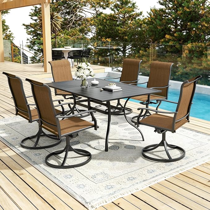 Anmutig 7 Piece Patio Dining Set, Outdoor Dining Set All-Weather for Backyard Poolside Garden Deck, Modern Outdoor Table and Chairs Set with 6 Textilene Swivel Chairs Brown
