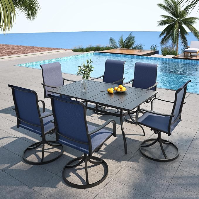 Patio 63" Rectangle Table and Navy Blue Swivel Chairs Outdoor Dining Set 7 | 6 Piece Swivel Chairs: High Back, Curved Armrest, Textilene Fabric, Rocking; 63"x38"x28" Metal Rectangle Table, All Weather