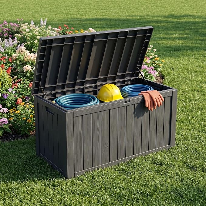 75 Gallon Outdoor Storage Box, Waterproof Resin Deck Box for Patio Cushions & Gardening Tools, Lockable Indoor/Outdoor Storage Bin, Sleek Black Design