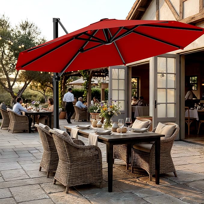 AreShark 11FT Cantilever Patio Umbrella, 360-Degree Rotation Round Hanging Offset Umbrella with Crank, Heavy Duty Patio Umbrella for Patio, Pool, Garden, Deck, Red