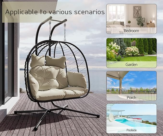 Double Egg Chair wth Stand Hammock Swing Chair Foldable Hanging Loveseat, UV Resistant Removable Cushions, 700LBS Capacity