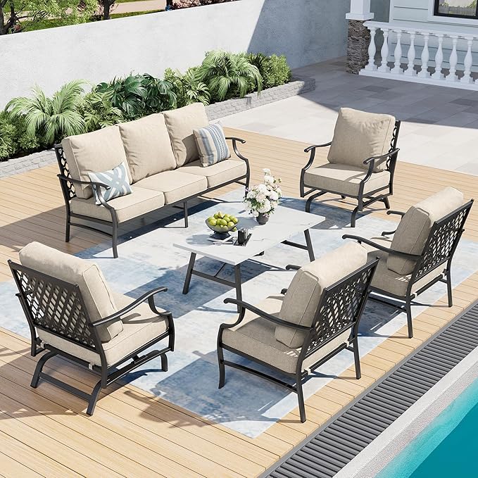 6 Piece Metal Outdoor Patio Furniture Set, Patio Conversation Set 1 3-seater Sofa, 2 Rocking Chair, 2 Leg Chair with 5.75" Thick Cushion and Coffee Table, Backyard Furniture Set, Beige