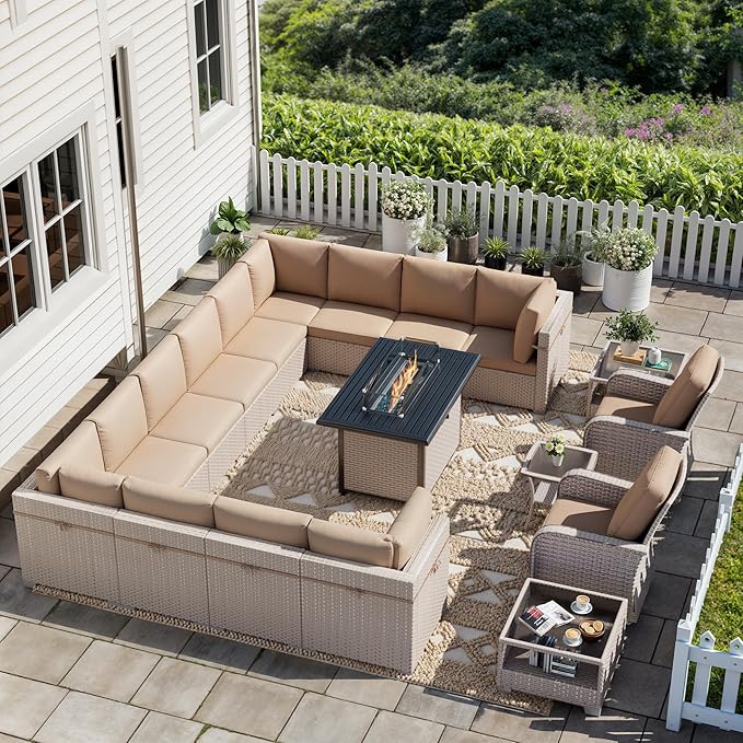 18 Pieces Patio Furniture Set with Fire Pit Table, Outdoor Sectional Wicker Sofa with Thick Cushions, High Back Swivel Rocker Patio Chairs, Rattan Conversation Set with Coffee Table, Khaki