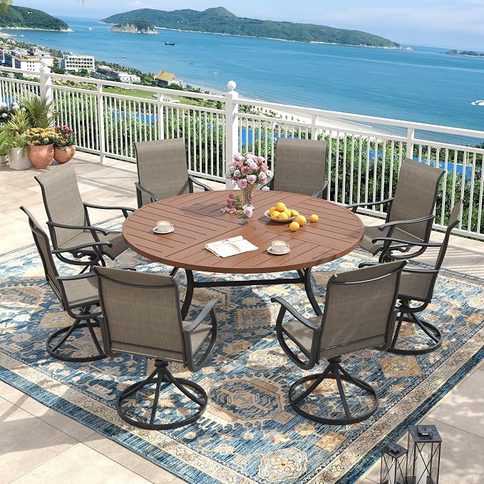 Outdoor Dining Set for 8, 60.1" Metal Round Outdoor Dining Table with Umbrella Hole and Sling Patio Swivel Chairs, 9 Pieces Patio Table and Chairs Set for Garden, Mixed Brown and Walnut