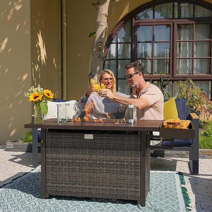 Sundale Outdoor Aluminum Patio Furniture Set, 5 Piece Outdoor Conversation Sets with Fire Pit and Washable Thick Cushions, All Weather Outdoor Sectional Set for Deck, Lawn, Yard (Navy Blue)