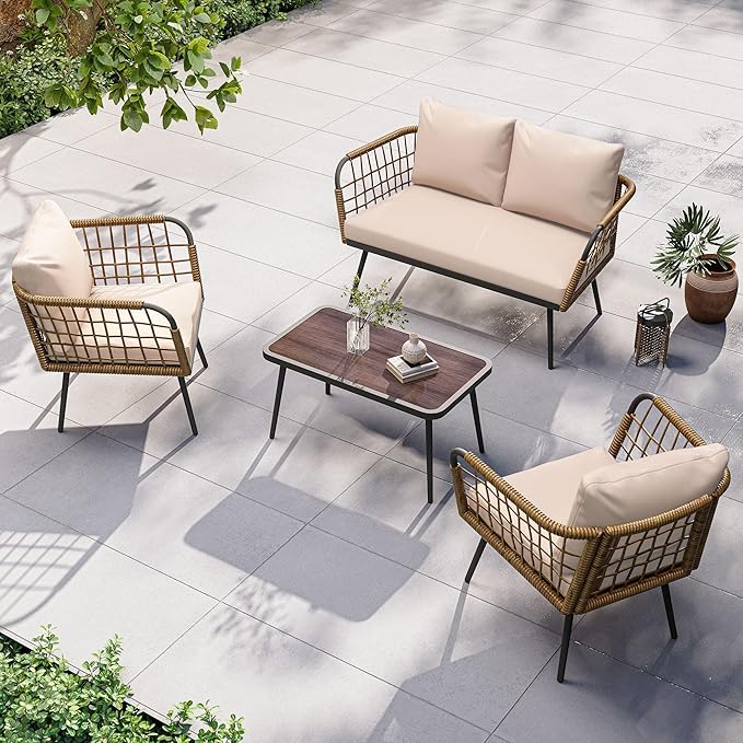LAUSAINT HOME 4 Pieces Outdoor Patio Furniture Set, Rattan Balcony Furniture with Coffee Table, Patio Conversation Set with Soft Cushions for Patio, Porch, Balcony and Backyard