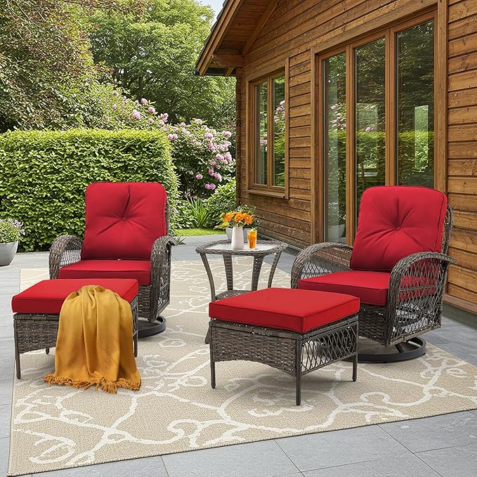 EROMMY 5 Pieces Outdoor Swivel Rocker Patio Chairs, 360 Degree Rocking Patio Conversation Set with Thickened Cushions, Glass Coffee Table and Ottomans for Backyard, Wine Red