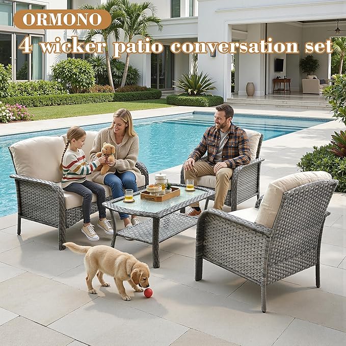 4 Pieces Patio Furniture Set, Small Outdoor Patio Set with Coffee Table, All-Weather Rattan Wicker High Back Conversation Set Loveseat with Chairs for Porch, Backyard, Balcony, Beige