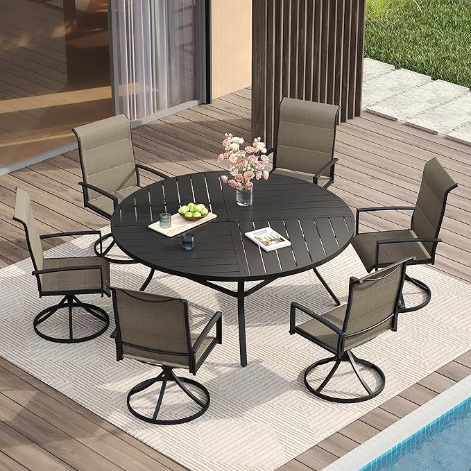 VICLLAX Patio Dining Set for 6, 6 Seats Outdoor Furniture Includes 53.1" Round Patio Table and Swivel Padded Chairs, Black Tabletop and Mixed Brown Fabric