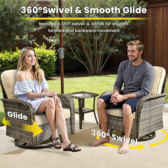 5 Pieces Outdoor Patio Furniture Set with Coffee Table, All Weather Wicker Patio Conversation Sets with Rocking Chairs, Balcony Furniture Sets for Backyard, Garden, Poolside, Beige
