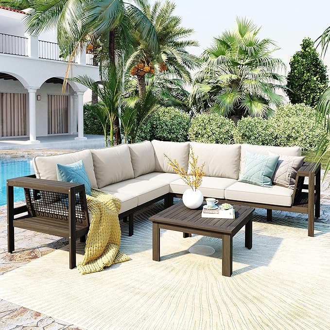 Merax 4 Pieces Patio Furniture Set, Outdoor L-Shaped Sectional Sofa Set with Coffee Table, Acacia Wood Conversation Seating & Thick Cushions and Side Table, for Garden, Poolside and Backyard, Beige