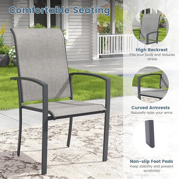 DIFY 5 Pieces Outdoor Dining Set, Metal Patio Table and Chairs Set for 4 with Umbrella Hole, 37.8" Square Dining Table and Textilene Stackable Patio Chairs for Garden Backyard Poolside, Grey