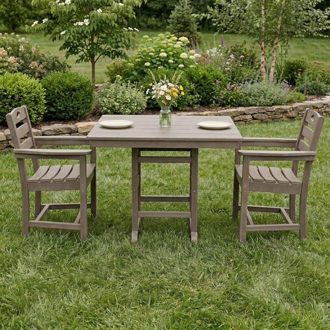 KEIKI 3-Piece HDPE Patio Dining Set Table Armchairs for Garden Small Patio Apartment All-Weather Durable Outdoor Dining Furniture Compact 2-Person Space Easy Maintenance Modern Living Set, Brown