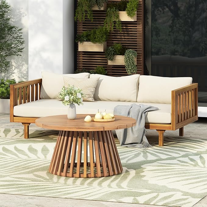 Merax Outdoor Acacia Wood Conversation Set - Patio 3-Seat Loveseat Sofa w/Coushion and Round Coffee Table for Backyard, Lawn, Balcony, Teak+Beige