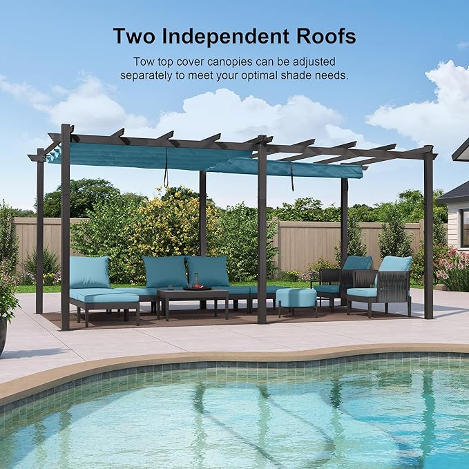 PURPLE LEAF 12' X 18' Outdoor Pergola with Retractable Canopy Aluminum Shelter for Porch Garden Sun Shade Pavilion Grape Trellis Grill Gazebo Modern Backyard Deck Metal Patio Pergola Turquoise Blue