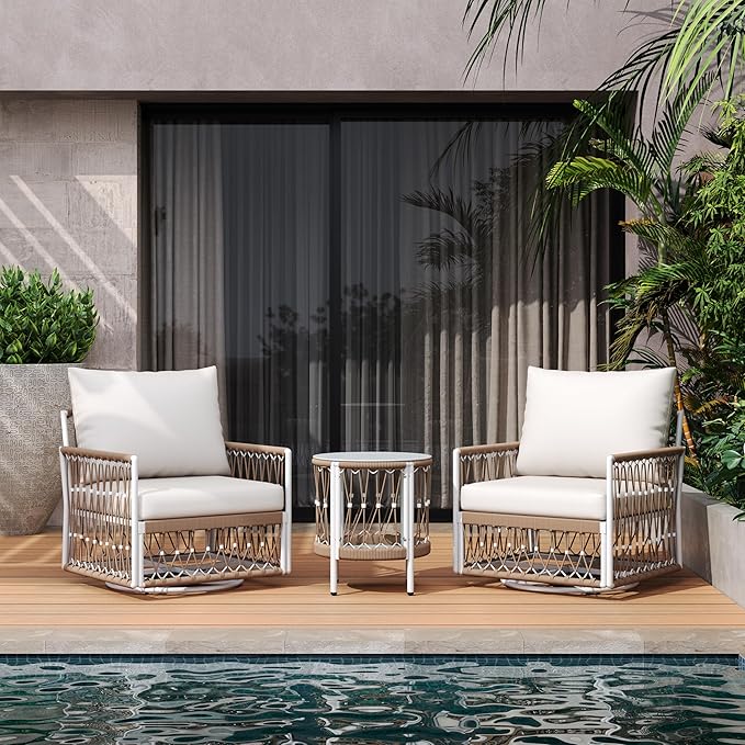 Christopher Knight Home Janna 3-Piece Bohemian Outdoor Patio Furniture Set, Set of 2 Swivel Lounge Chairs with Cushions & Glass Top Side Table, Patio Conversation Set for Garden, Beige + Natural