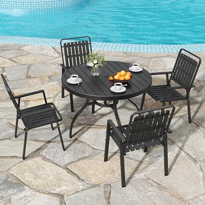 41" Round Outdoor Dining Table for 4, Metal Round Patio Table with Umbrella Hole, All-Weather Outdoor Patio Dining Table for Lawn Garden Deck Backyard (Black)