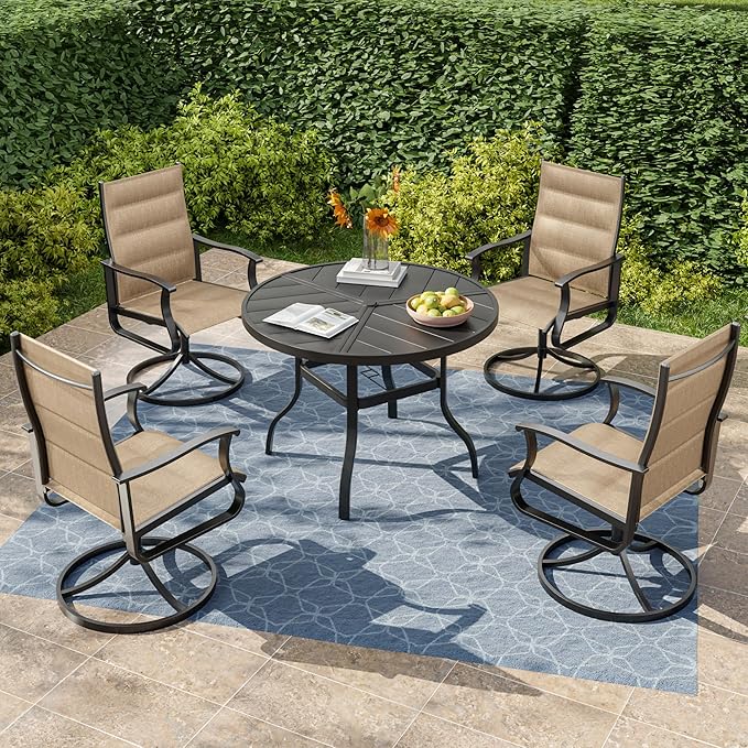 UDPATIO 5 Piece Outdoor Patio Table and Chairs Set, 39" Round Table with Umbrella Hole & 4 Outdoor Swivel Chairs, Patio Table with Chairs, Outdoor Patio Dining Set for Lawn, Deck, Yard