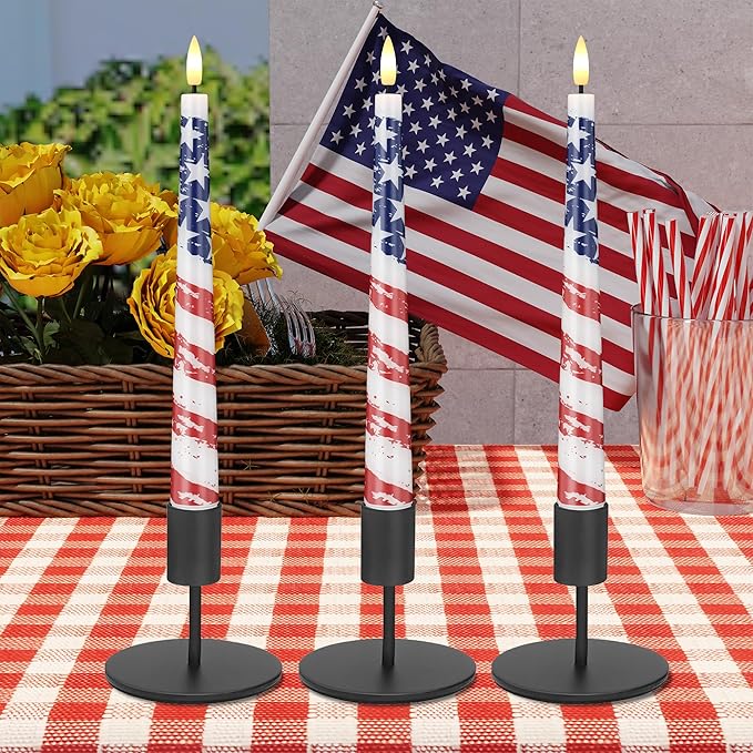 Flameless Patriotic Candles, 9.6" Real Wax 4th of July Led Candles with Remote, 3 Pack Flickering Independence Day Flameless candlesticks for Table, Home, Party Decor