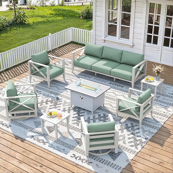 Aluminum Patio Furniture Set with Oversized Fire Pit Table, 9-Piece All-Weather Outdoor Conversation Set with Swivel Rocking Chairs, Oversized Modern Sofa for Backyard,Deck,Balcony–White