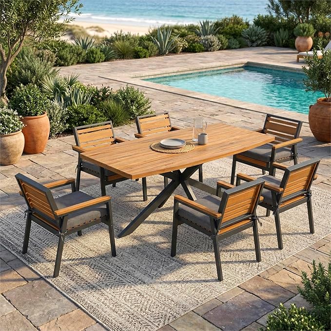 7 Pieces Metal Patio Dining Table Set with Acacia Wood, 74.8" Large Dinner Table, 6 Chairs with Dual-Layer Iron and Detachable Cushions, Outdoor or Indoor Furniture for Garden or Backyard, Black Gray