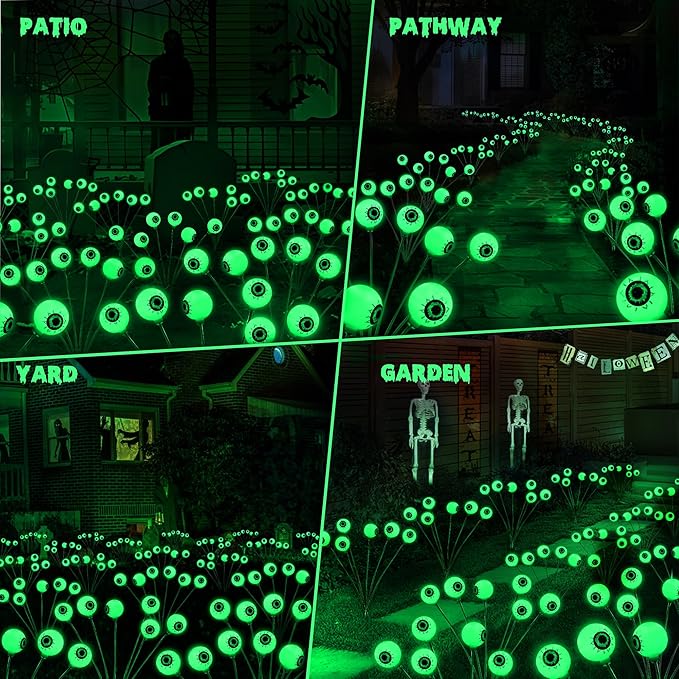 Brizled Solar Halloween Lights, 2 Pack Total 12 LED Green Halloween Eyeball Lights, 2 Modes Outdoor Green Eyeball Light, Swaying Outside Scary Pathway Light Waterproof for Garden Yard Lawn Path Decor