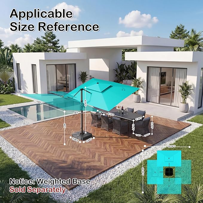 9x12 FT Patio Umbrella with LED Lights Cantilever Outdoor Large Heavy Duty Rectangle Aluminum Offset Umbrellas Double Top 360 Rotation 7 Tilt Adjustment for Pool Deck Garden, Turquoise
