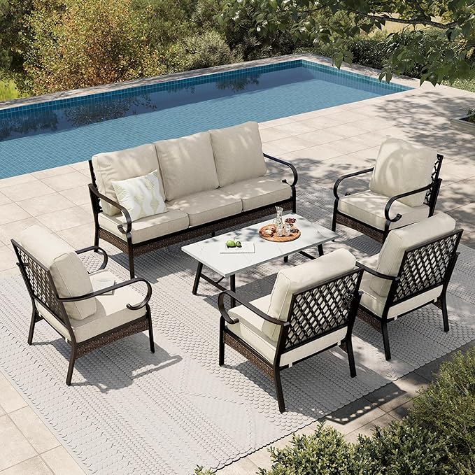 HERA'S HOUSE 6 Piece Metal Patio Furniture Set, All Weather Outdoor Conversation Set with 3-Seat Sofa, 4 Fixed Chairs & Coffee Table, 7 Seats for Backyard, Garden, Deck, Beige
