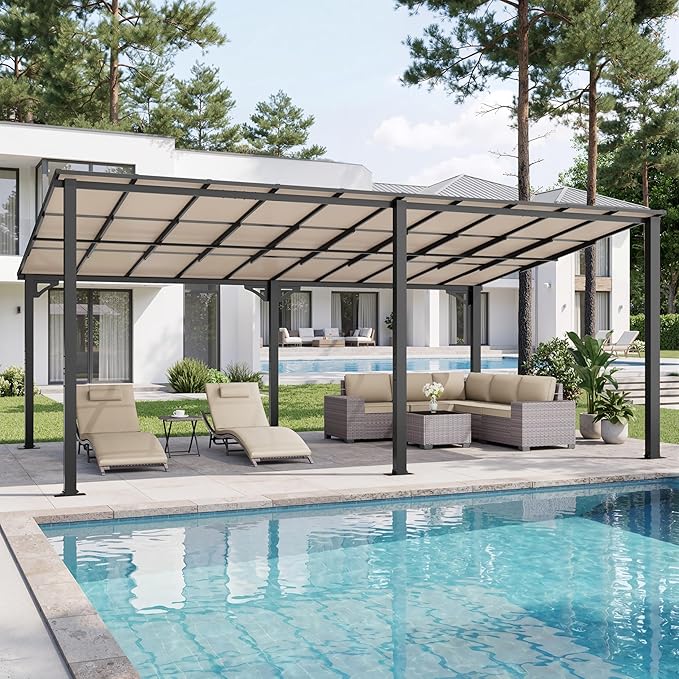 ALAULM 12'x 20' Outdoor Hardtop Pergola,Wall Mounted Lean to Gazebo with Sloped Sun Panel Roof,Galvanized Metal Frame,Sunshade for Patio, Backyard, Deck and Poolside