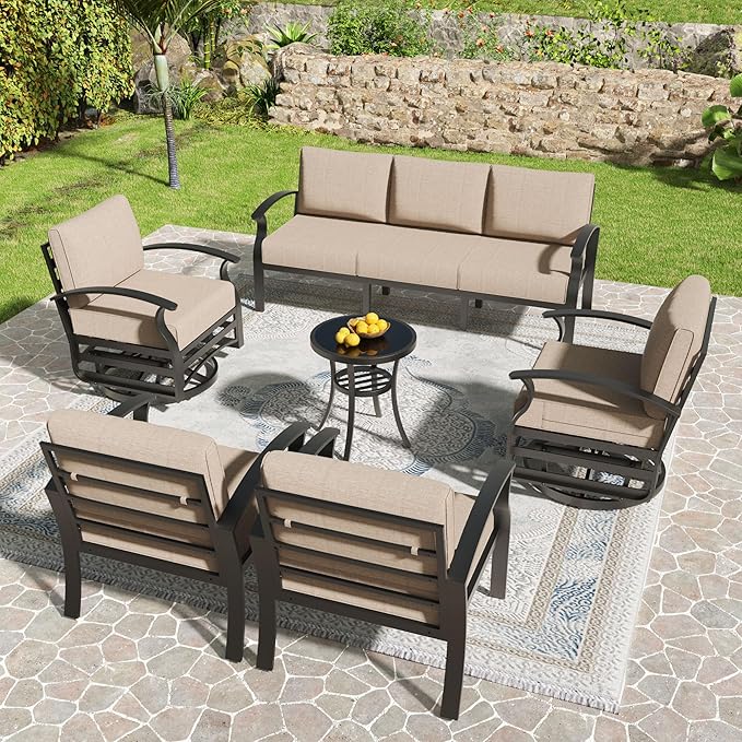 Kullavik Aluminum Patio Furniture Set,6 Pieces 7 Seat Sectional Metal Outdoor Furniture Conversation Set w/5.1" Cushions,Swivel Rocking Chairs Set,Sand