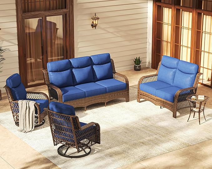 PIZZELLO 5 Pieces Patio Furniture Set w/ 5" Cushions and 25" Full Support Back, 3-Seater Outdoor Sectional Sofa, Loveseat, Swivel Rocker Patio Chairs and Side Table, Wicker Conversation Set for Patio