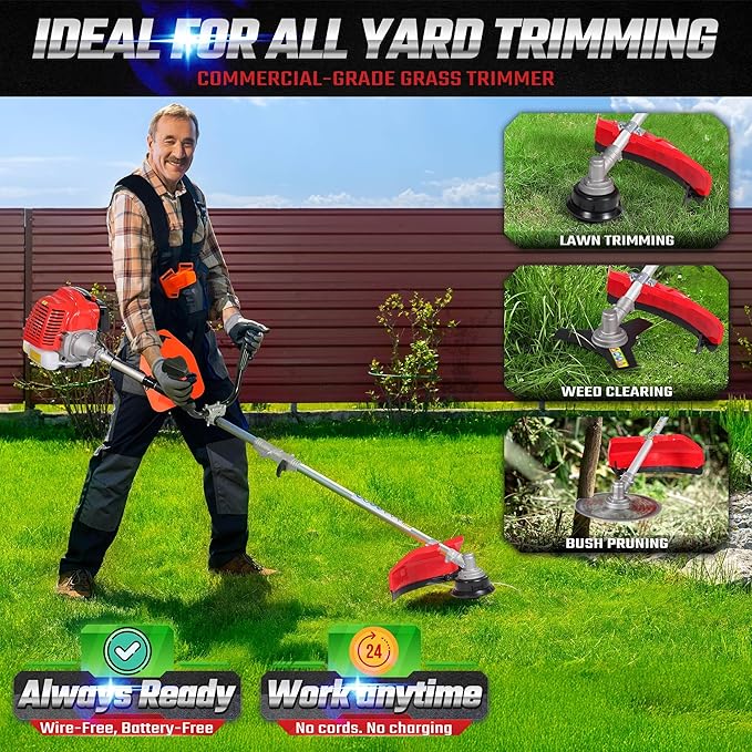 3-in-1 52cc 2-Cycle Weed Wacker Gas Powered, 18" Cutting Path Gas String Trimmer/Edger, 10" 3T/40T Gas Brush Cutter with Shoulder Strap, Powerful Weed Eater Grass Trimmer for Lawn Care