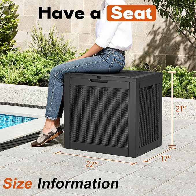 Outdoor Storage Box, Resin Deck Boxes Indoor and outdoor, Waterproof Storage Box Lockable Lid (Black, 35 Gallon)