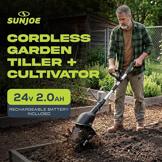 Sun Joe 24V-TLR-LTE 24-Volt Amp Cordless Garden Tiller + Cultivator, Kit (w/2.0-Ah Battery + Quick Charger)