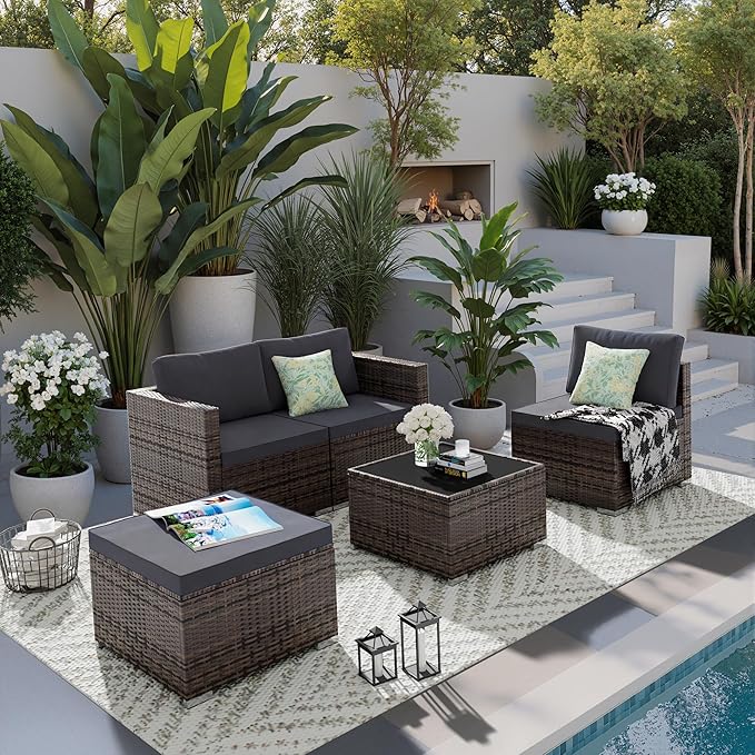 5 Piece Patio Furniture Sets, All-Weather PE Rattan Wicker Outdoor Sectional Sofa with Cushions and Glass Table for Garden Backyard Poolside