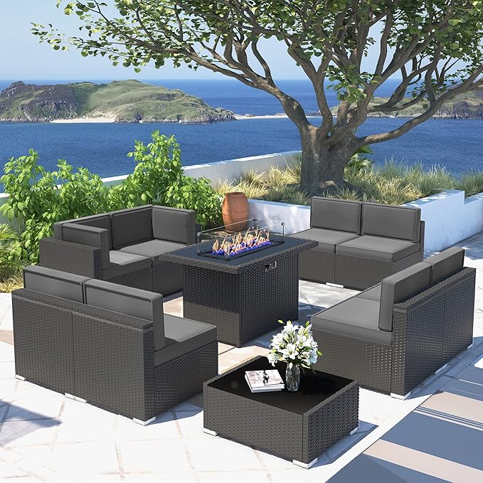 10 Pieces Patio Furniture Set with 44" Propane Gas Fire Pit Table, Outdoor Sectional Wicker Conversation Sofa Sets with Coffee Table