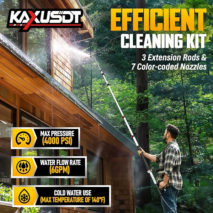 24FT Telescoping Pressure Washer Extension Wand, 𝟐𝟎𝟐𝟔 𝐔𝐩𝐠𝐫𝐚𝐝𝐞𝐝 High Power Washer Wand Extension Pole with Support Belt & 3 Wand, 7 Spray Nozzle Tips, 4000PSI, Gutter Cleaning Tools