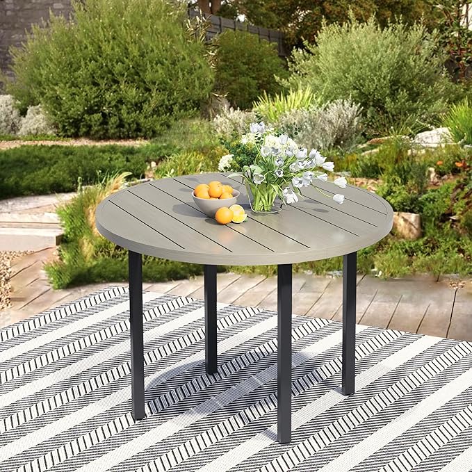 42" Round Patio Table with Umbrella Hole, Metal Outdoor Dining Table for Garden, Backyard and Deck, 4 Person Round Patio Dining Table for Outside, Honey Oak