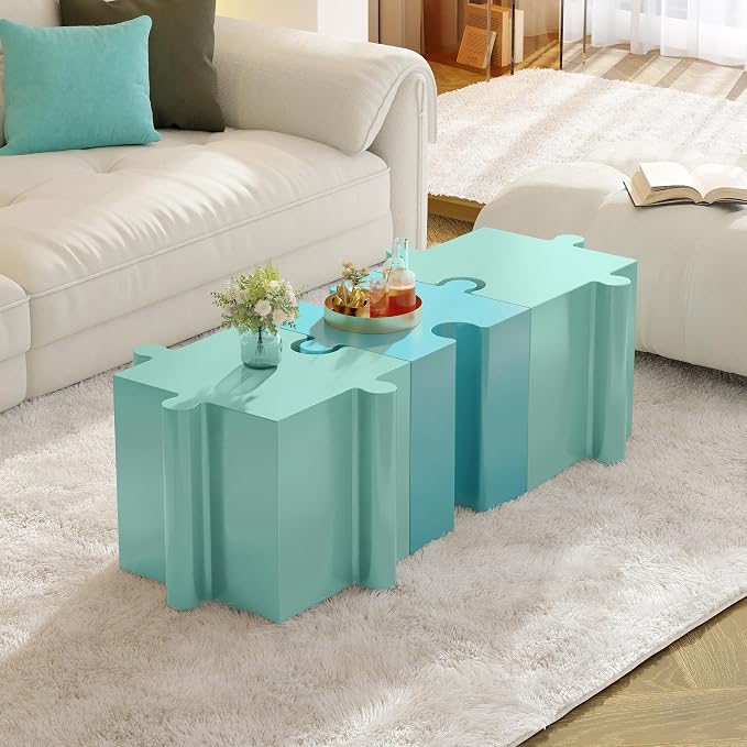 Christopher Knight Home Daton Interlocking Puzzle Outdoor Side Table, Lightweight Concrete Patio Coffee Table, Concave Edge MGO Modular End Table, Creative Set Up for Indoor&Outdoor Use, Sky Blue