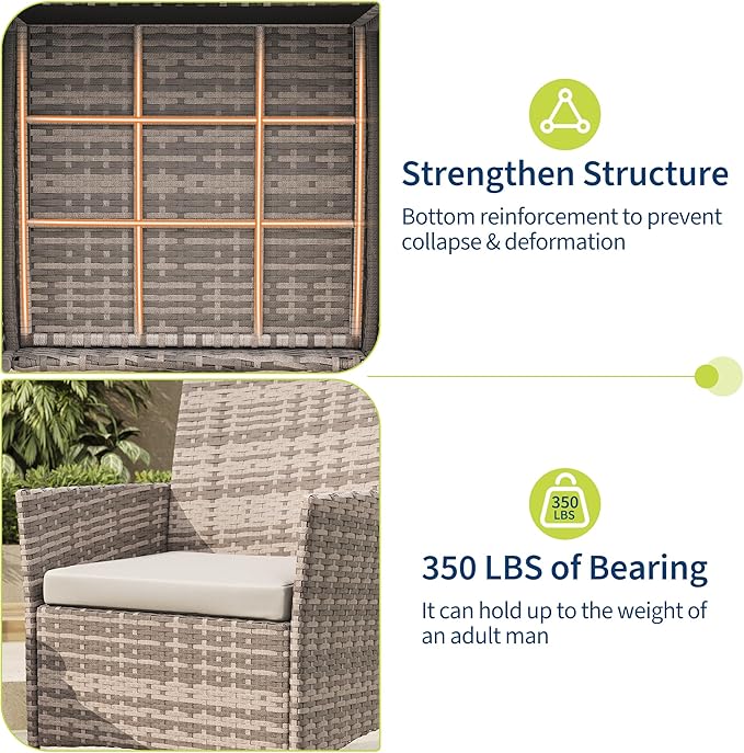 3-Piece Outdoor Furniture Set, PE Rattan Wicker Chairs with Soft Cushions & Tempered Glass Coffee Table - All-Weather Patio Set for Garden, Backyard, Porch, Poolside (Gray/Light Gray)