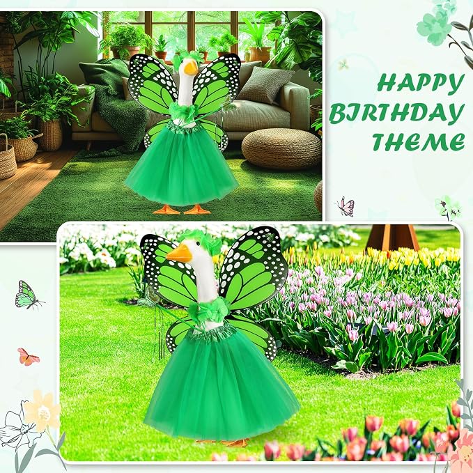 5pcs Butterfly Porch Goose Outfit Costume Tutu Skirt Butterfly Wing Wand Flower Crown for 17‘' 23‘' Cement Goose