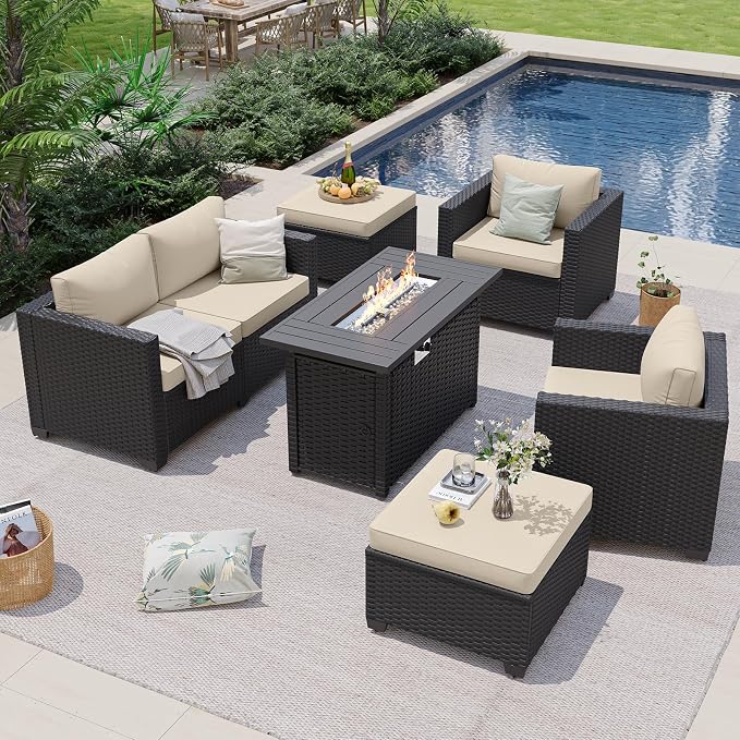 Aoxun Patio Furniture Set with Fire Pit Table, 6 Seats Outdoor Furniture Set with Wicker Ottomans, Rattan Outdoor Sectional Sofas with Thickened Cushion & Waterproof Cover Beige