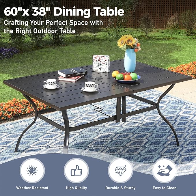 SUNSHINE VALLEY 7 Piece Patio Dining Set for 6, Rectangular Metal Dining Table with Umbrella Hole and 6 Chairs, Outdoor Table and Chairs Set for Lawn Backyard and Deck, Red