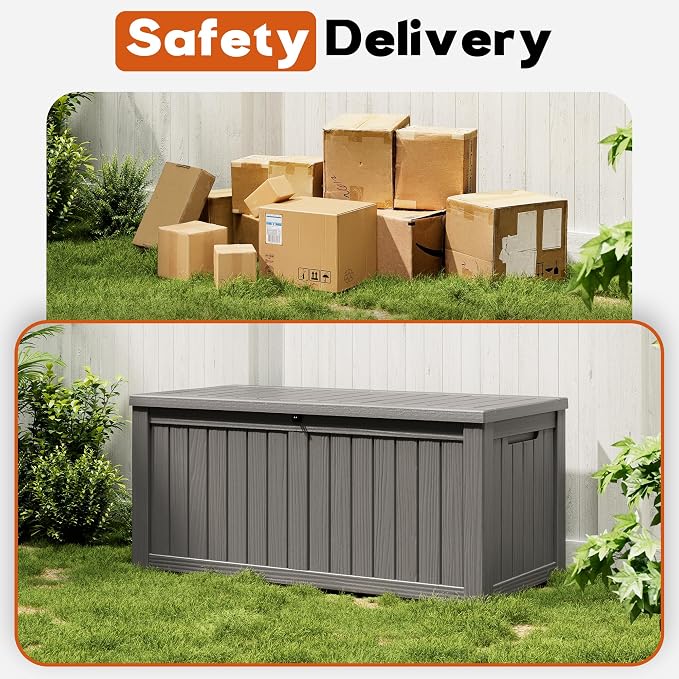 Outdoor Storage Box, Resin Deck Boxes Indoor and outdoor, Waterproof Storage Box Lockable Lid (Grey,150 Gallon)