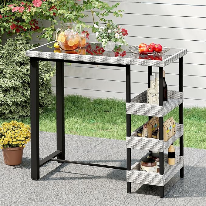 Tangkula 43.5” Outdoor Bar Table, Wicker Bar Height Dining Table w/Tempered Glass Top & 3 Rattan Shelves, Patio Metal Furniture w/Storage for Backyard, Poolside, Porch (Mix Gray)